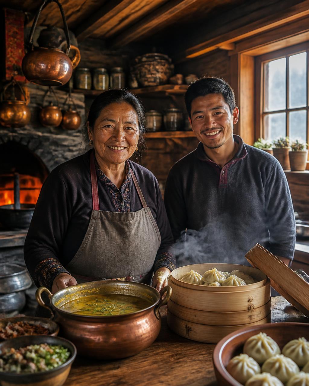 Our hosts smiling in the wood-beamed kitchen with steaming momos and a copper pot of dal