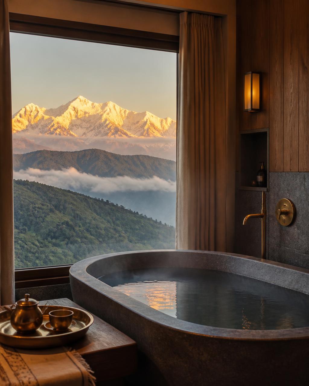 Stone soaking tub beside a full-height window framing the Kanchenjunga range at first light